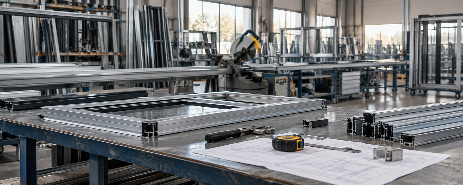 Aluminum profiles and fabrication details on a workshop table